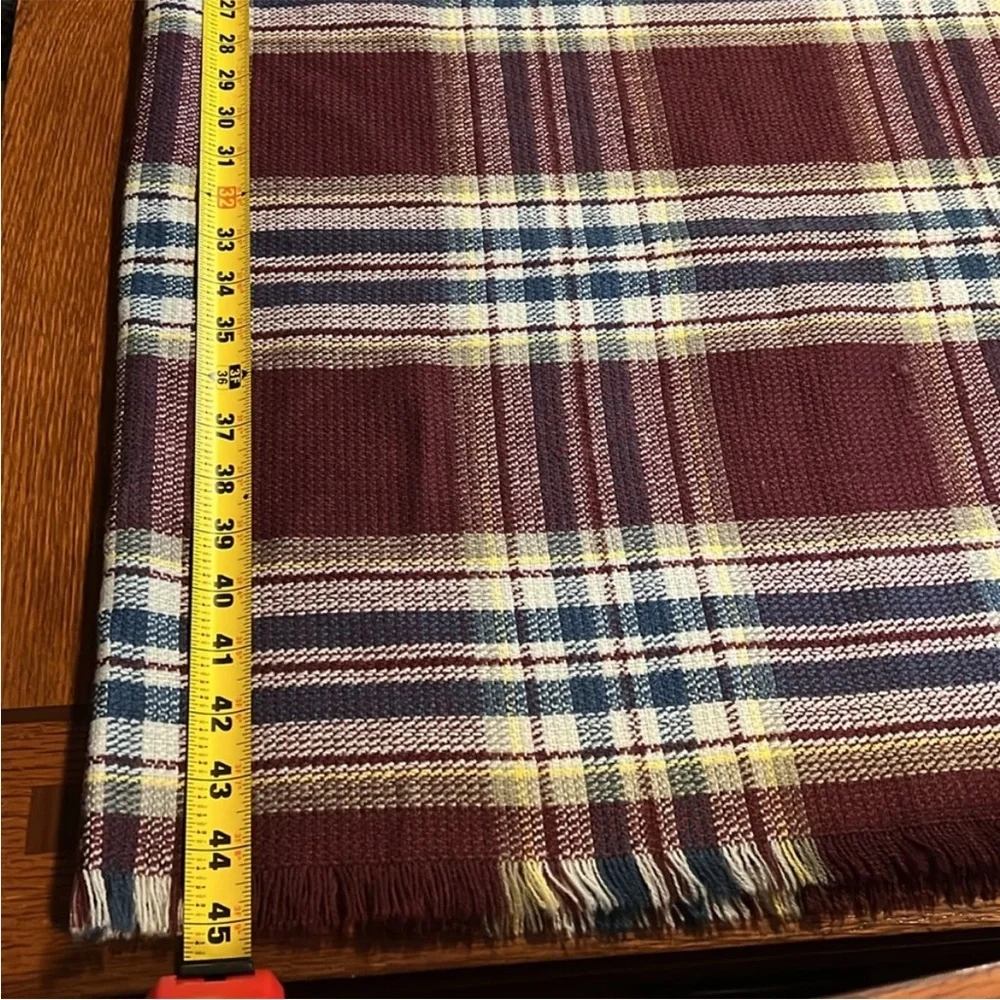 Roots | Size 45”x45” Burgundy, Blue, Yellow & White Plaid Scarf/Shawl - Picture 7 of 7